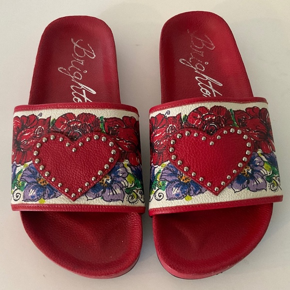 BRIGHTON Red Heart Floral Leather Slides Size 6 - Picture 5 of 6